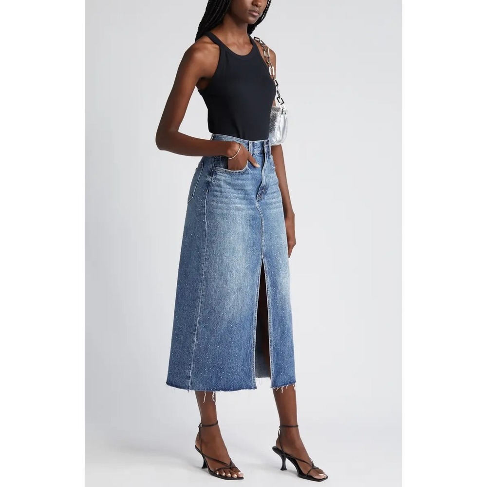 Pistola Alice Denim Maxi Skirt Distressed Raw Hem Front High Slit Cotton Size 27 - Picture 15 of 15